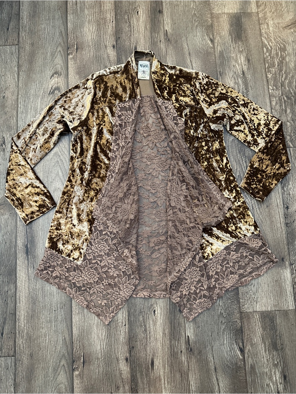 Vocal Open Front Bohemian Velvet Lace Top Cardigan Women’s Size M Brown Goldish